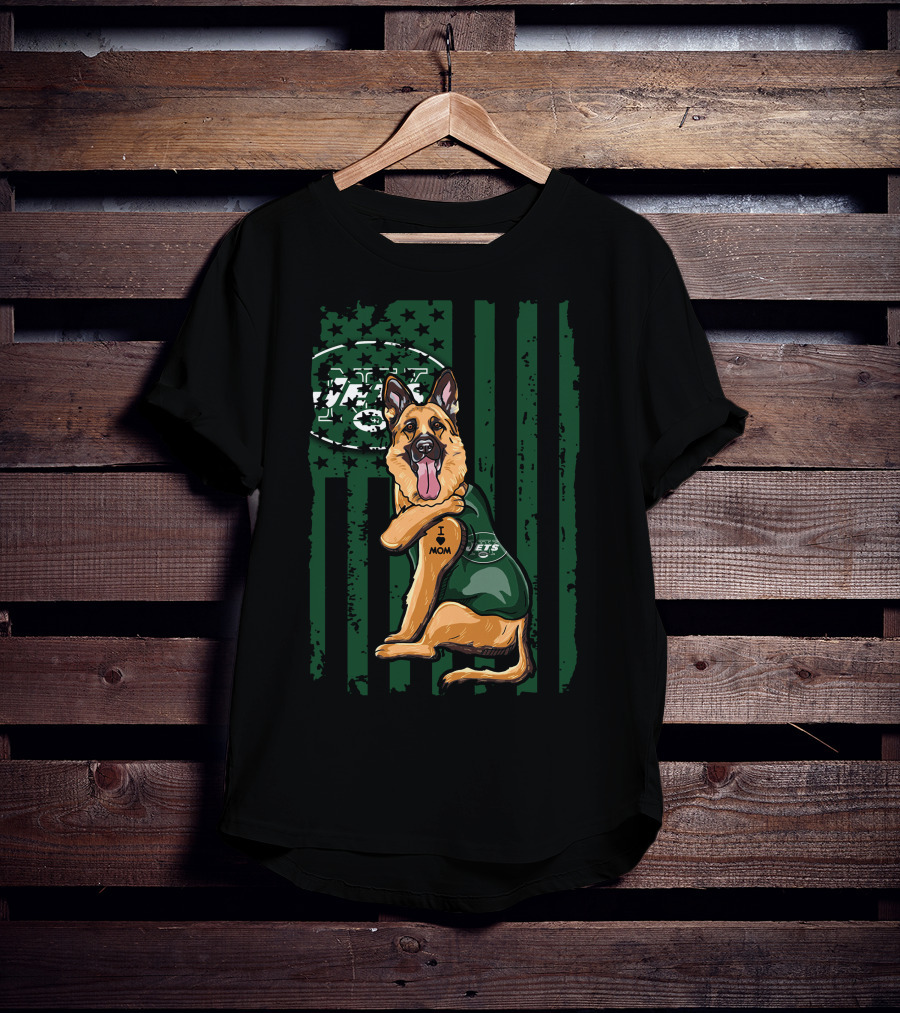 German Shepherd I Love Mom New York Jets Fan USA Flag T-Shirt