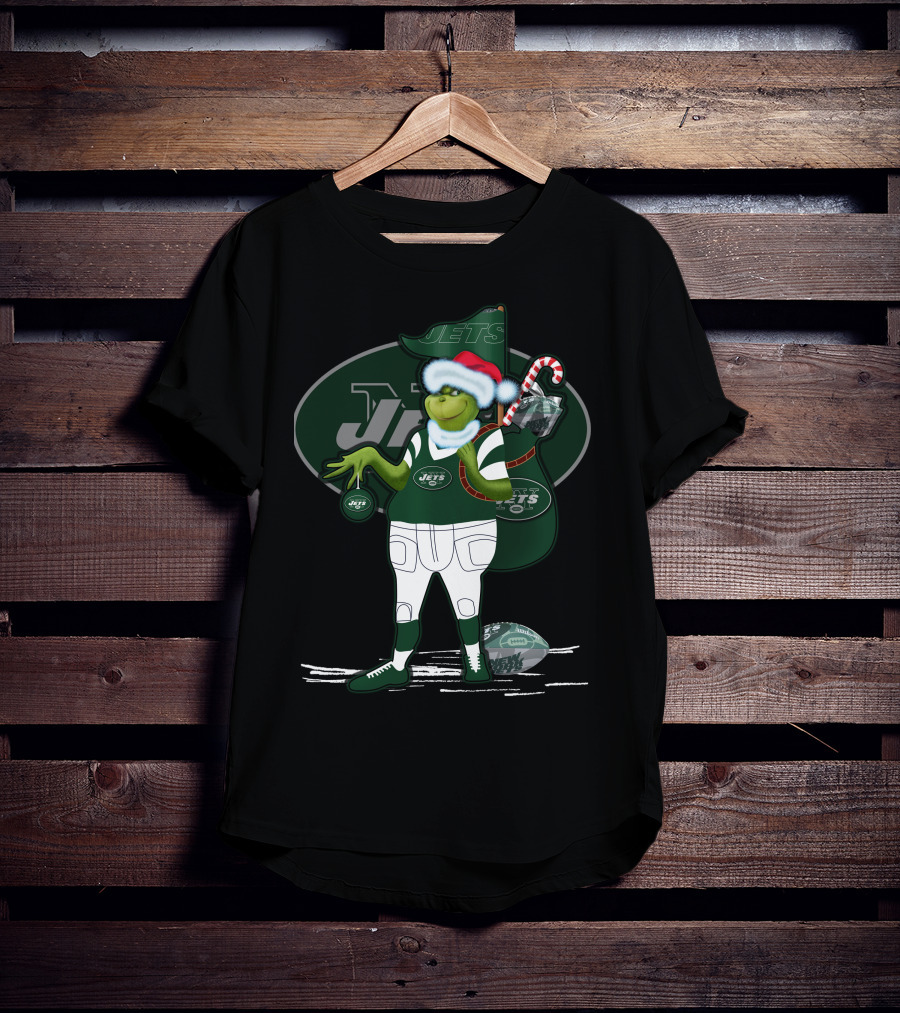 Grinch Christmas New York Jets Football Santa Hat And Sack With Candy Cane T-Shirt