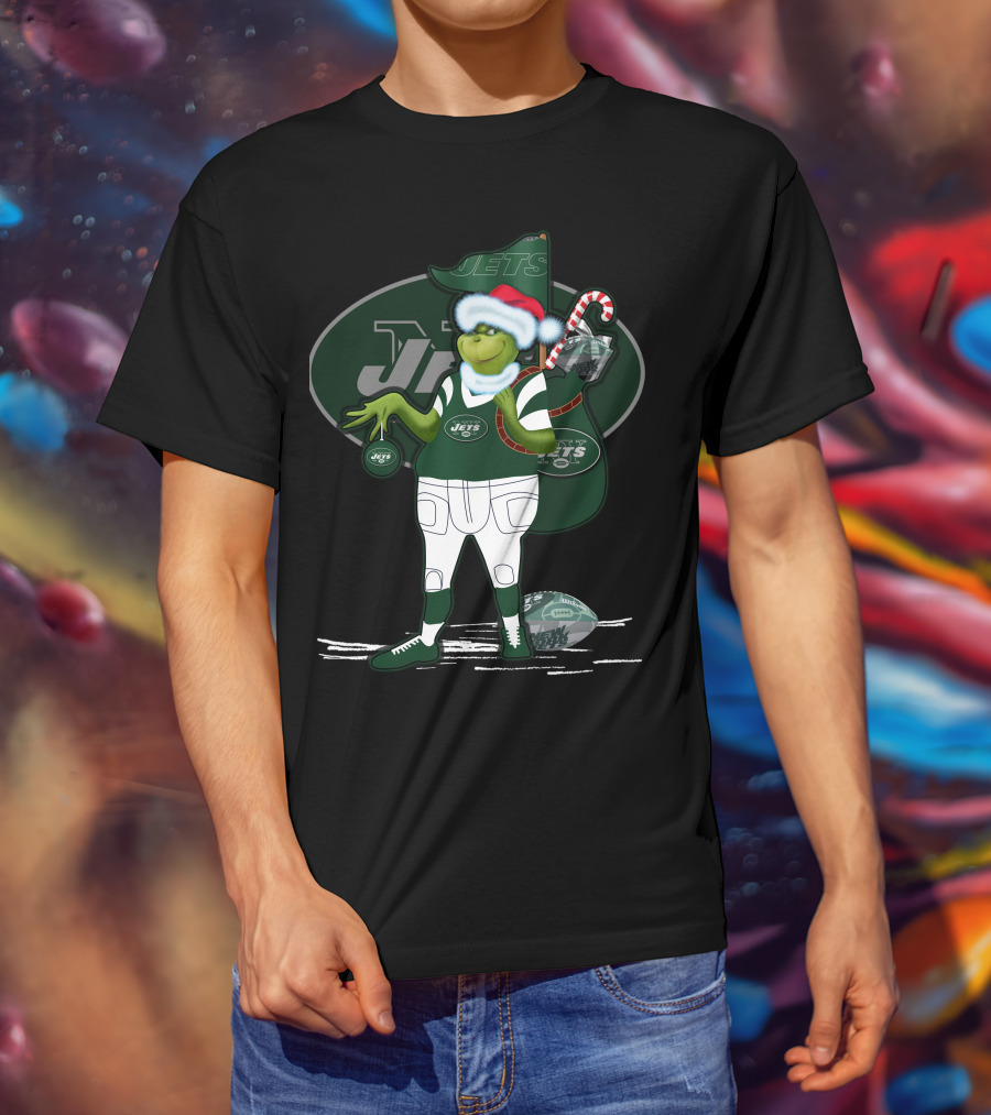 Grinch Christmas New York Jets Football Santa Hat And Sack With Candy Cane T-Shirt