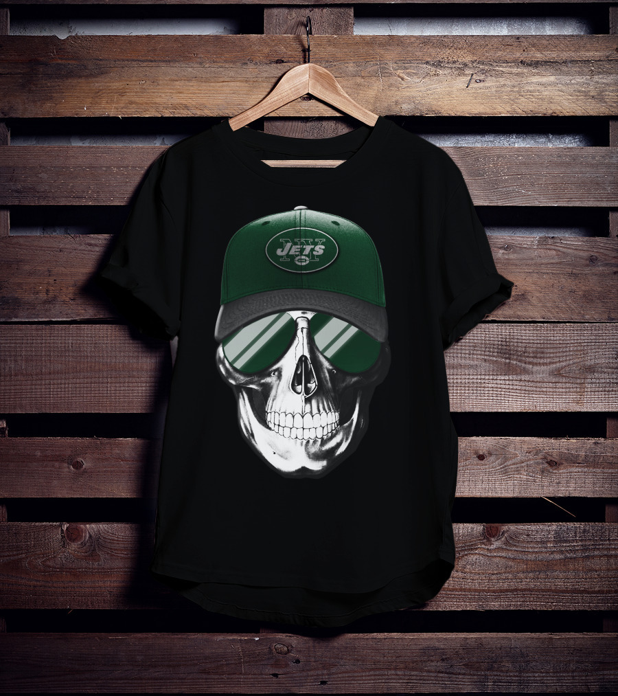 Skull V7 New York Jets Hat And Sunglasses T-Shirt