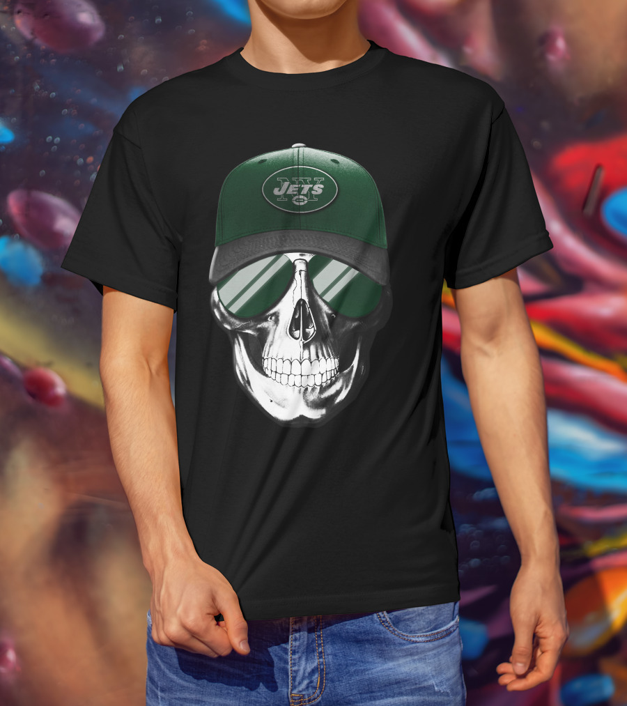 Skull V7 New York Jets Hat And Sunglasses T-Shirt