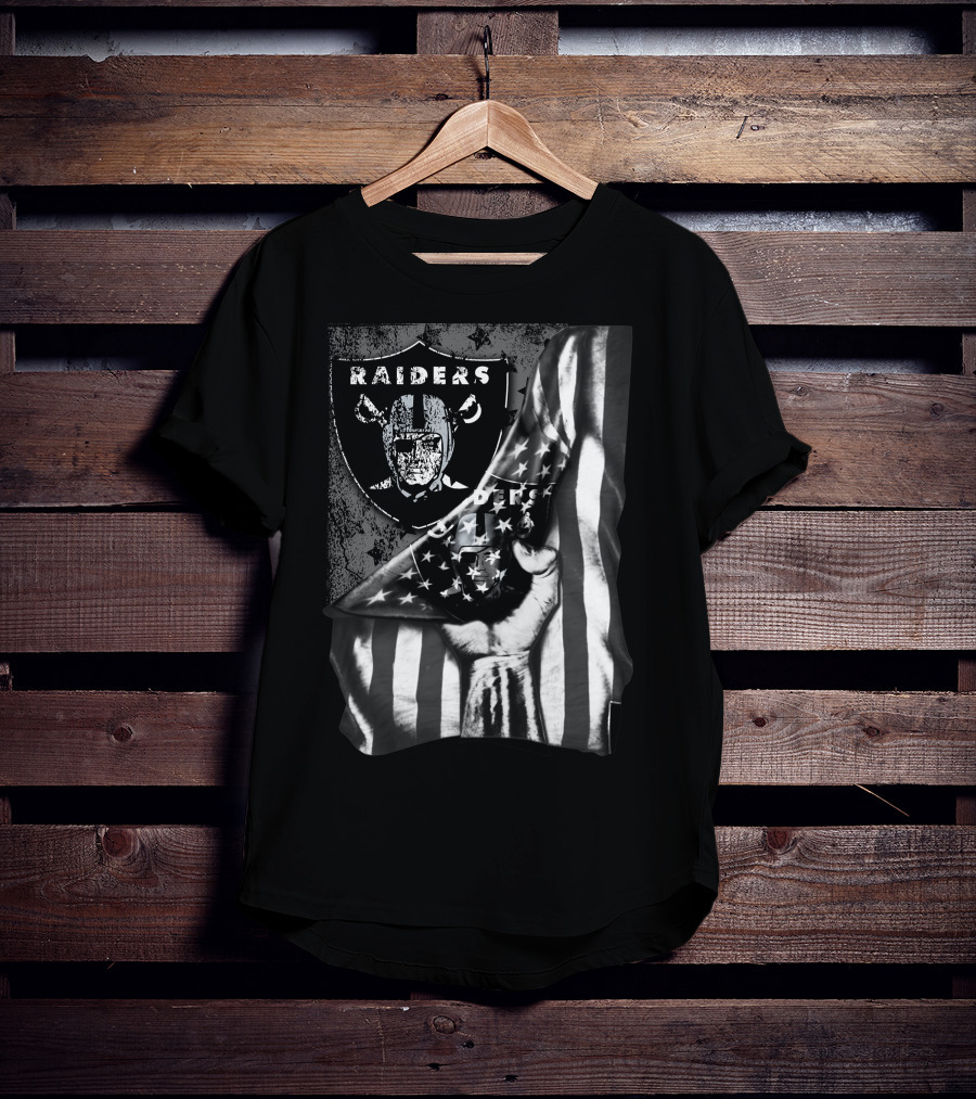 Raiders Shield With American Flag And Hand Holding Stars Grayscale T-Shirt