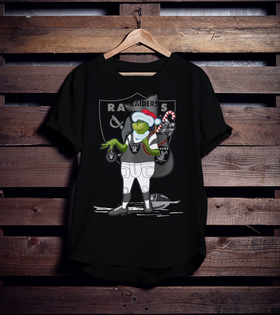 Grinchxmas Raiders Santa Hat Candy Cane Football T-Shirt