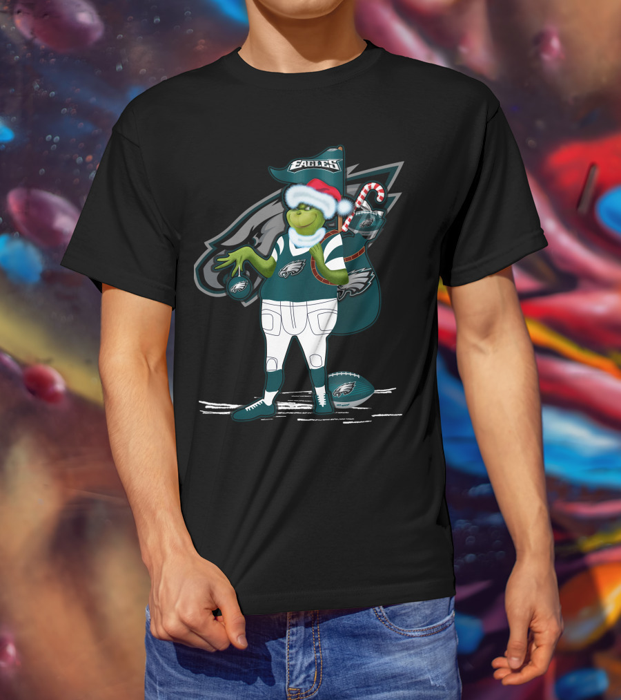 Grinchxmas Philadelphia Eagles Santa Hat Football T-Shirt