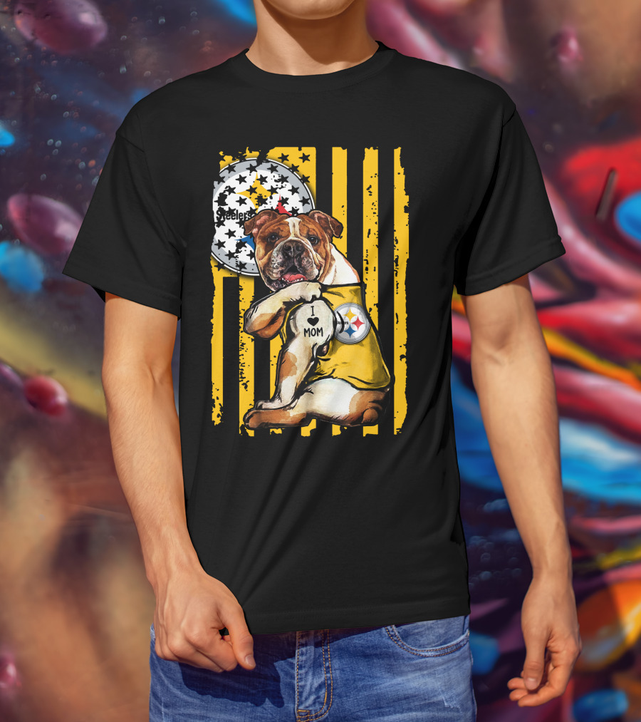 Pittsburgh Steelers Bulldog I Love Mom Stripes T-Shirt