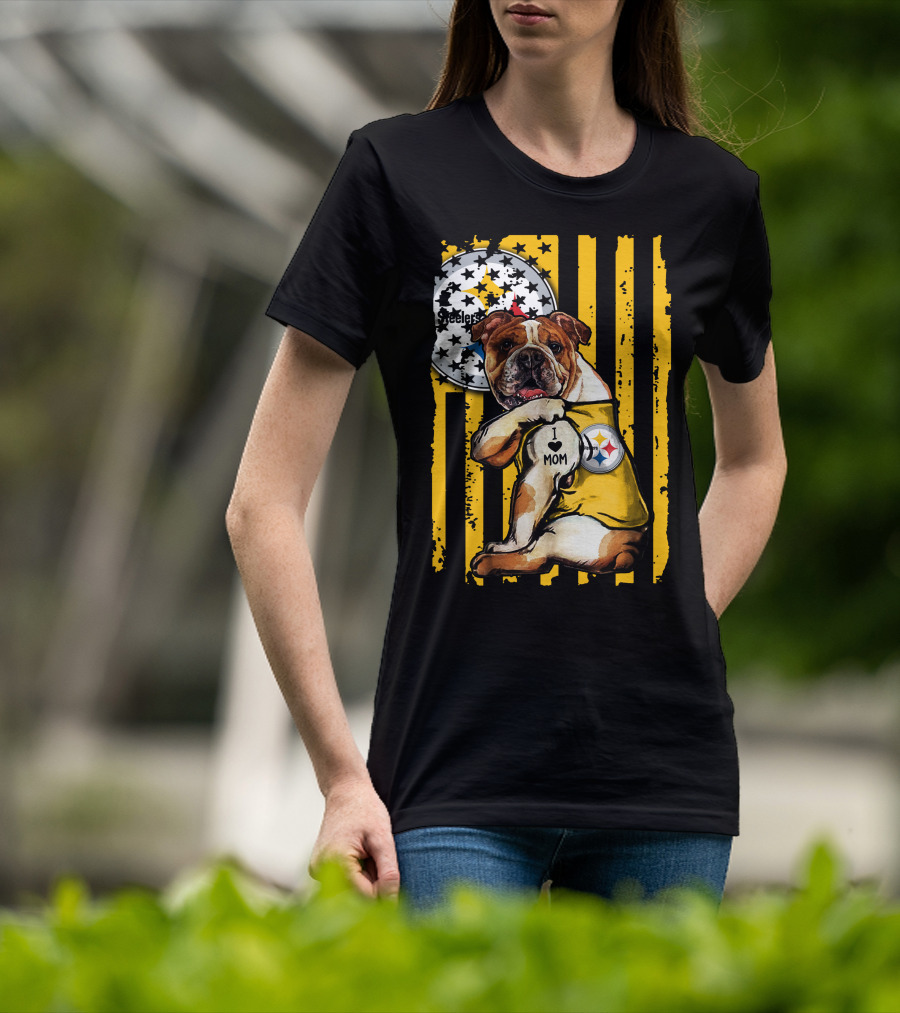 Pittsburgh Steelers Bulldog I Love Mom Stripes T-Shirt