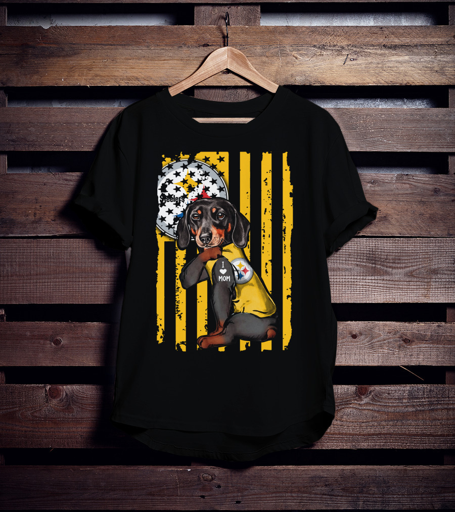 Dachshund Steelers I Love Mom Black And Yellow Football Fan T-Shirt