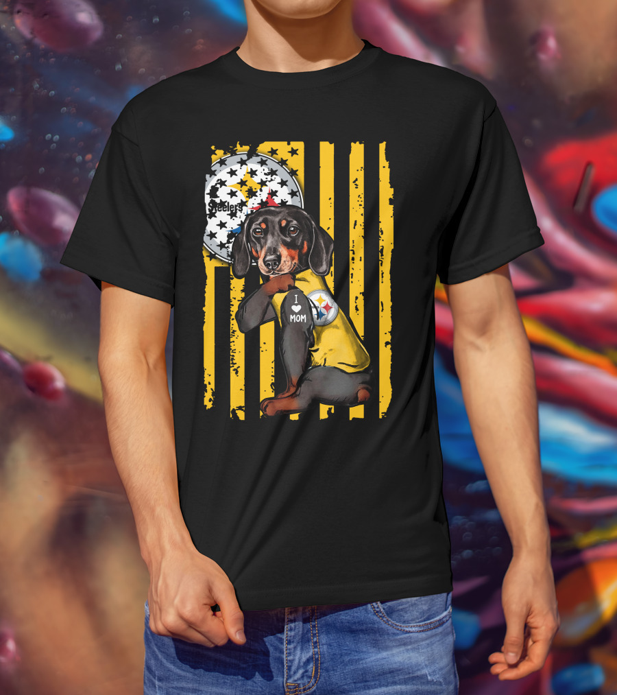 Dachshund Steelers I Love Mom Black And Yellow Football Fan T-Shirt