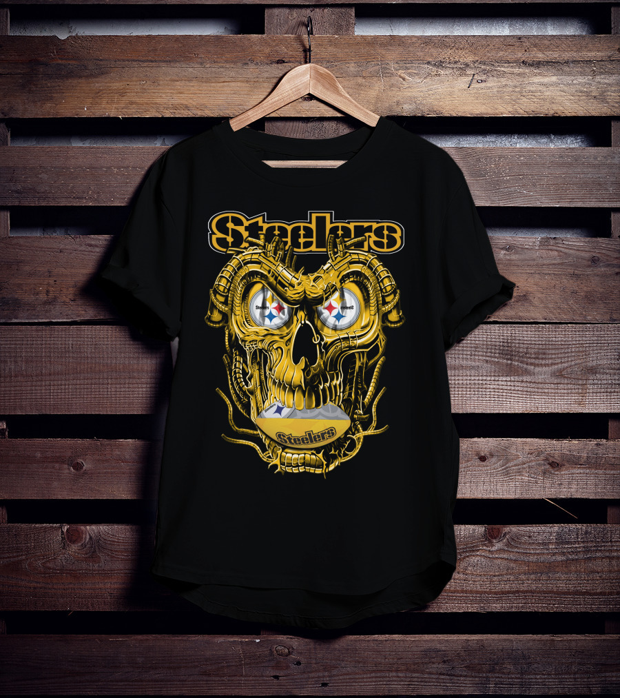 Steelers Dragonskull Yellow Mechanical Skull With Pittsburgh Steelers Logo Eyes T-Shirt
