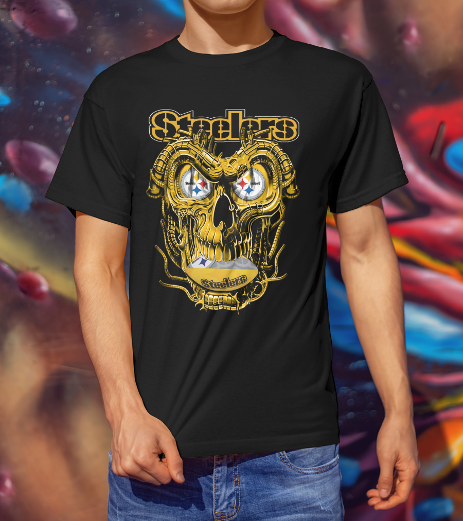 Steelers Dragonskull Yellow Mechanical Skull With Pittsburgh Steelers Logo Eyes T-Shirt