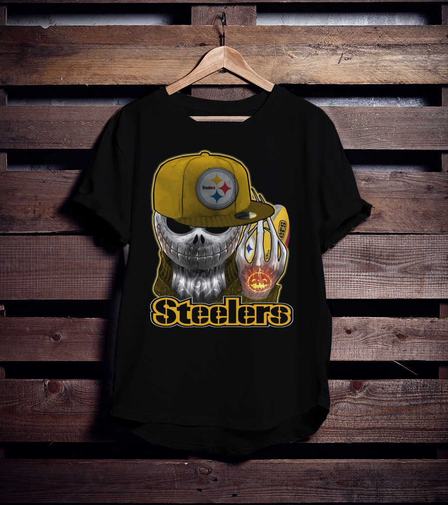Steelers Skull With Yellow Cap And Pumpkin Hand T-Shirt