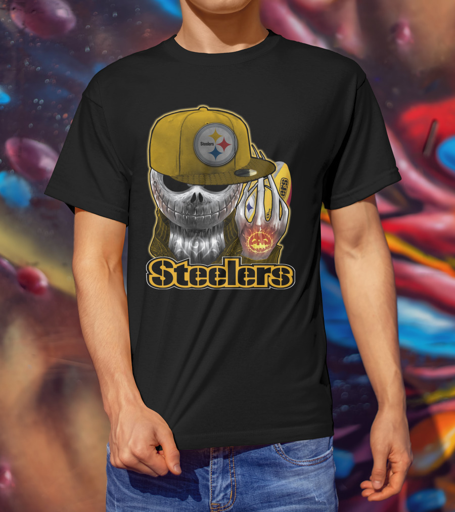 Steelers Skull With Yellow Cap And Pumpkin Hand T-Shirt