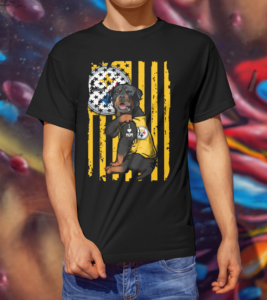 Rottweiler I Love Mom Pittsburgh Steelers Fan Stripes T-Shirt