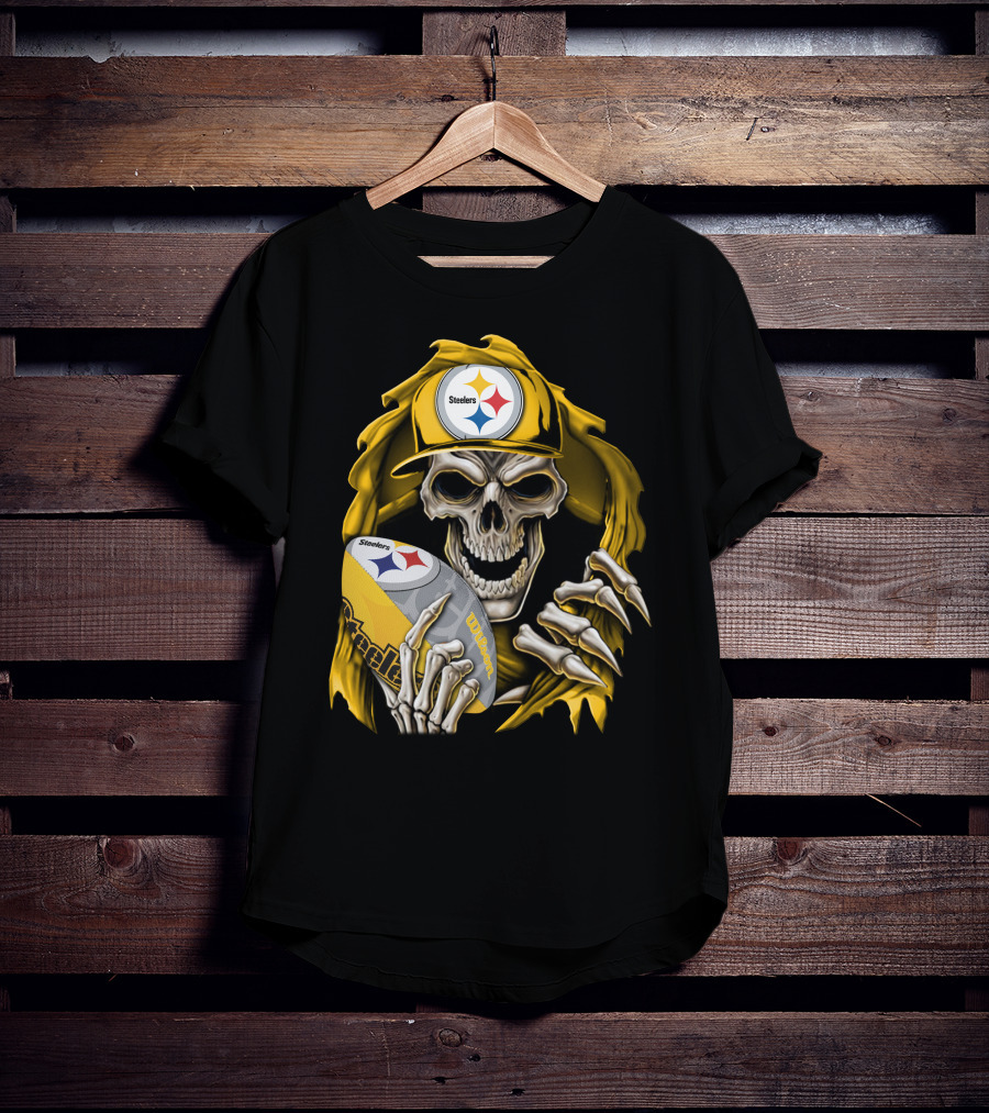 Skullbong Steelers Skeleton With Football And Cap T-Shirt