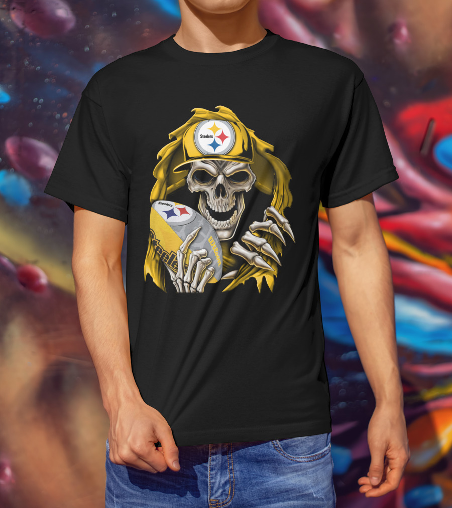 Skullbong Steelers Skeleton With Football And Cap T-Shirt