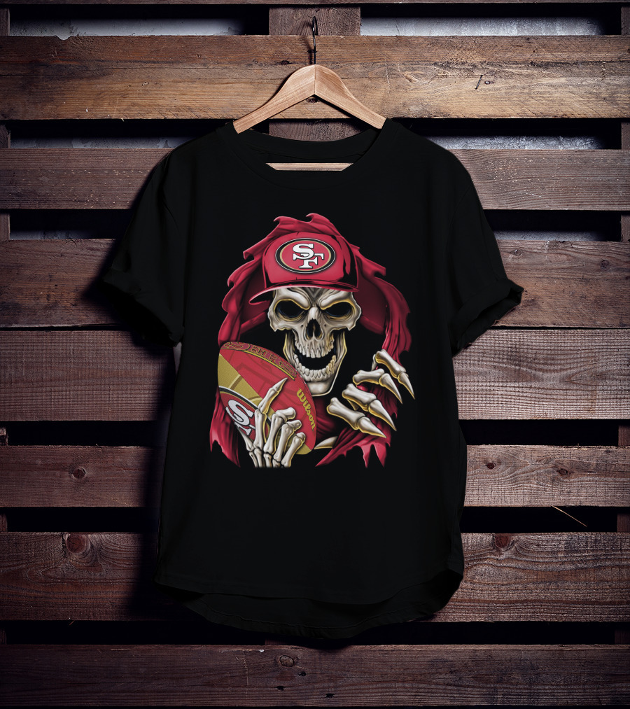 San Francisco 49ers Skull Holding Football With SF Cap T-Shirt