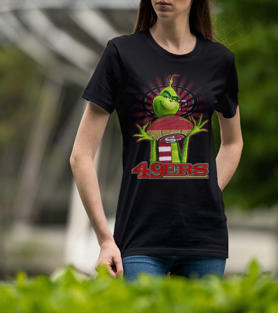 Grinch Holding Football San Francisco 49ers Logo 49ers T-Shirt