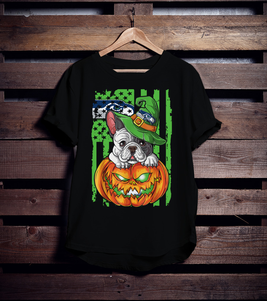 Hlw Bulldog Seattle Seahawks Halloween Pumpkin Wizard Hat T-Shirt