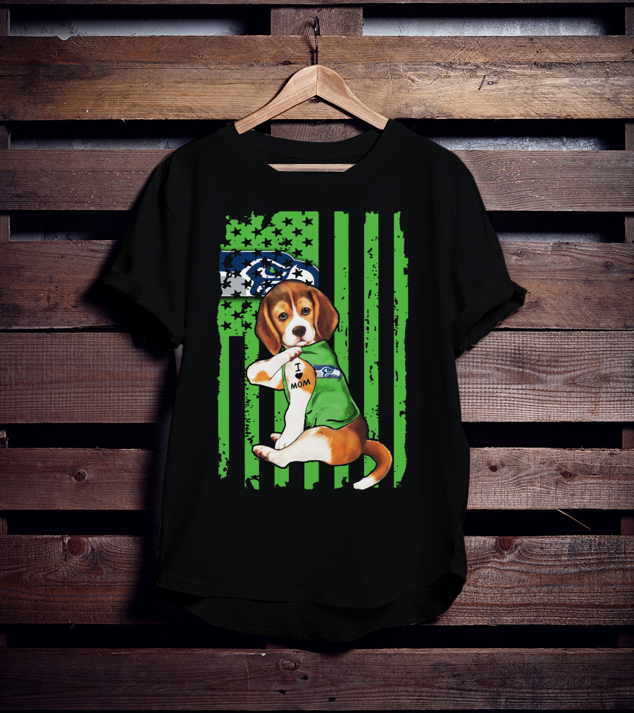 Seattle Seahawks Beagle With I Love Mom Tattoo T-Shirt