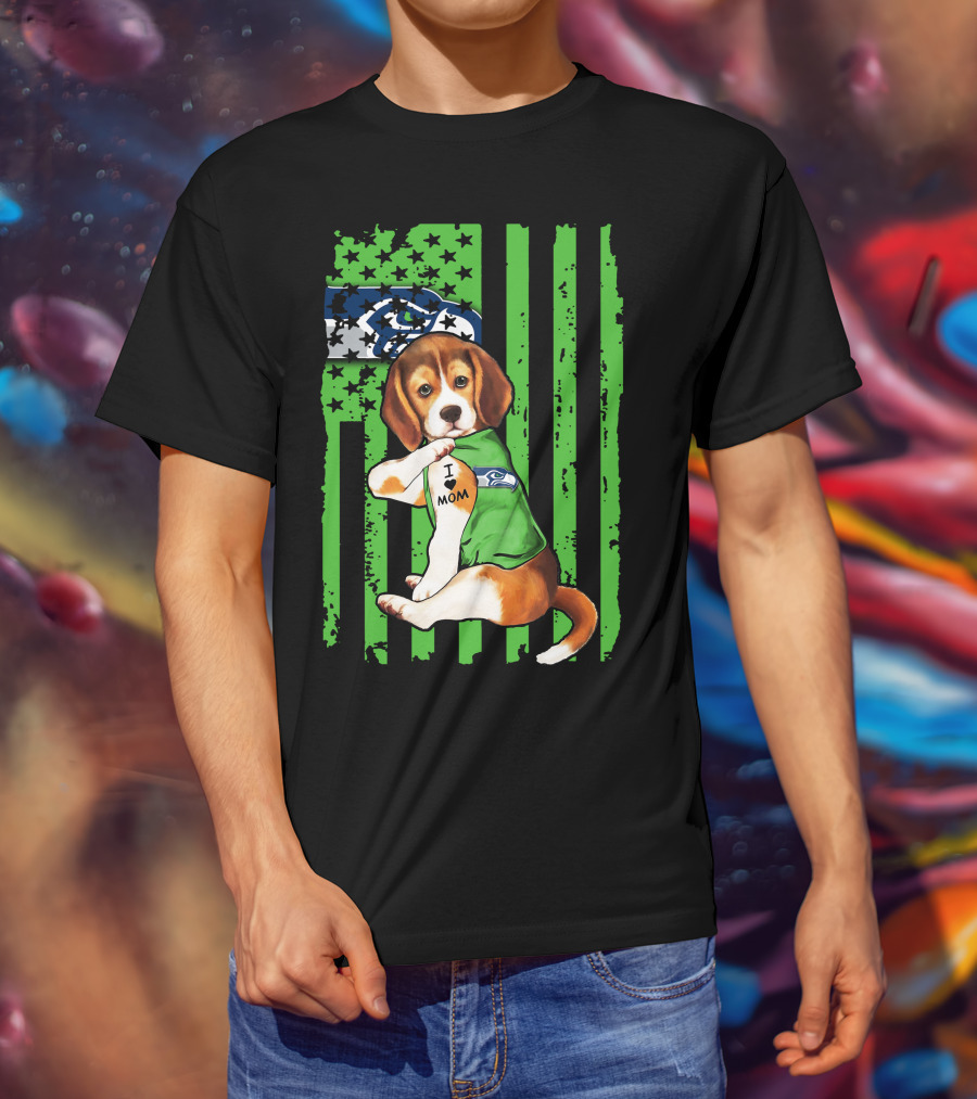 Seattle Seahawks Beagle With I Love Mom Tattoo T-Shirt