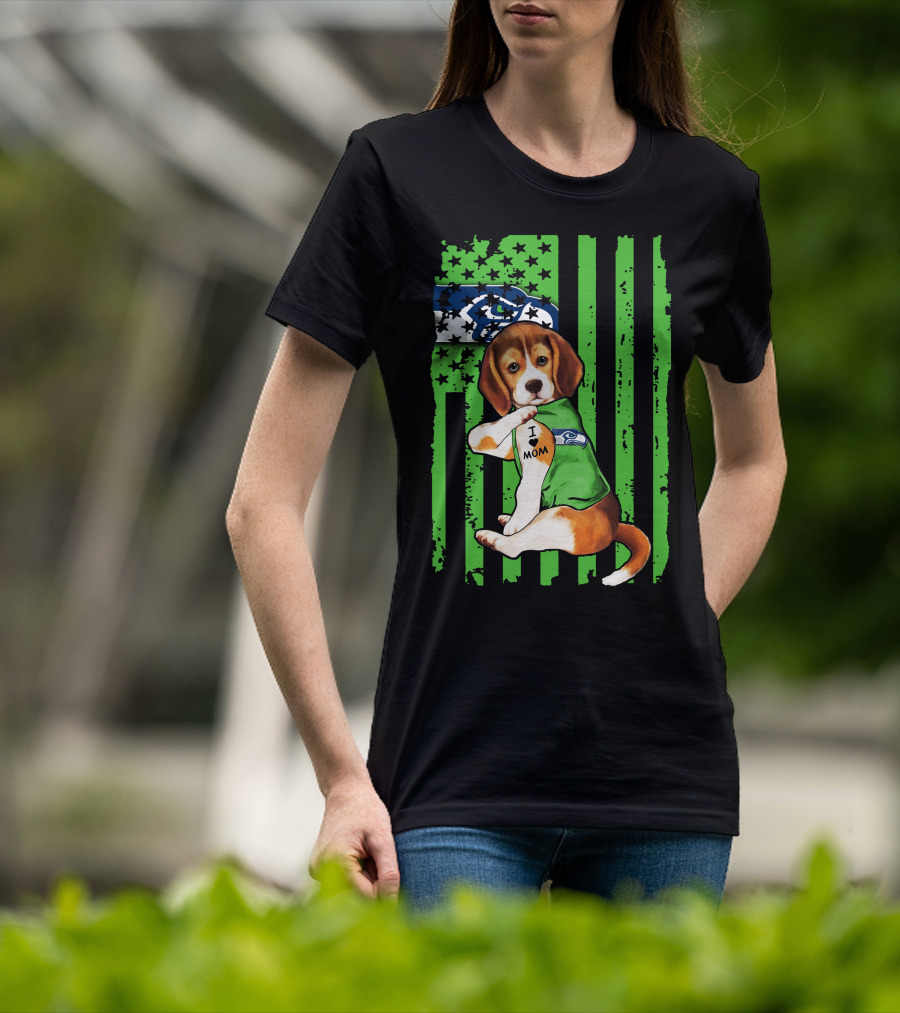 Seattle Seahawks Beagle With I Love Mom Tattoo T-Shirt