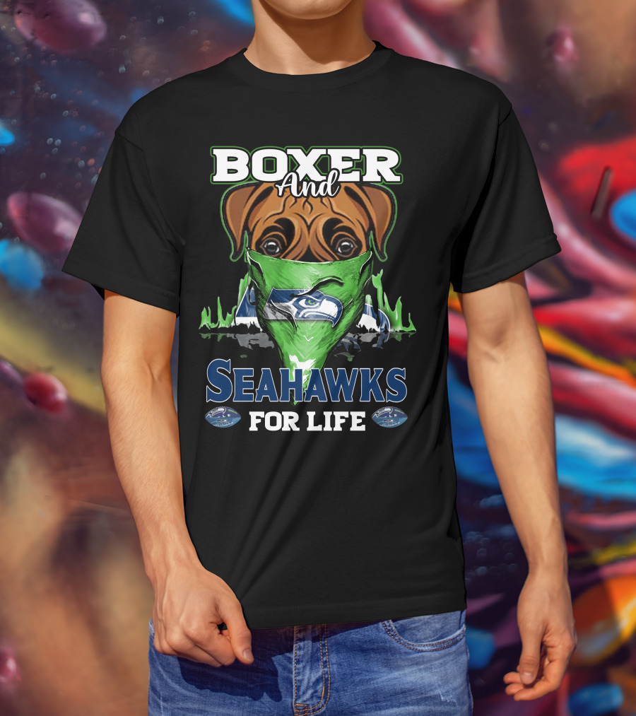 Boxer And Seahawks For Life Seahawks Mask Green Blue Dog Fan T-Shirt