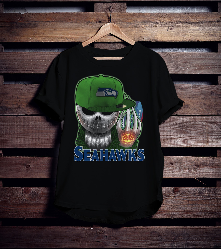Jackskull In Green Cap Holding Pumpkin Seattle Seahawks T-Shirt
