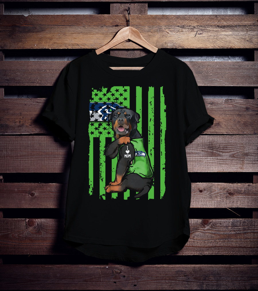 Rottweiler I Love Mom Seattle Seahawks Green Flag T-Shirt