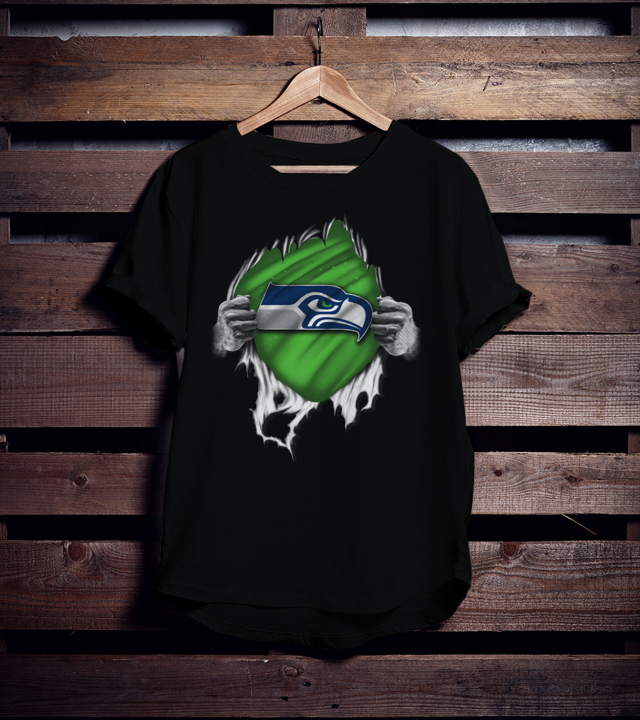Torn Seattle Seahawks Logo With Green Background And Hands Peeling Fabric T-Shirt