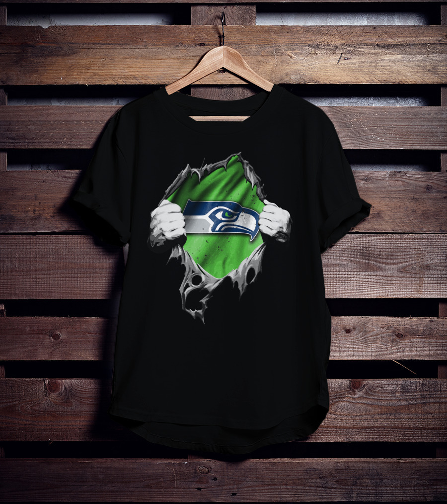 Seattle Seahawks Torn V2 Logo Peeking Through Ripped Fabric T-Shirt