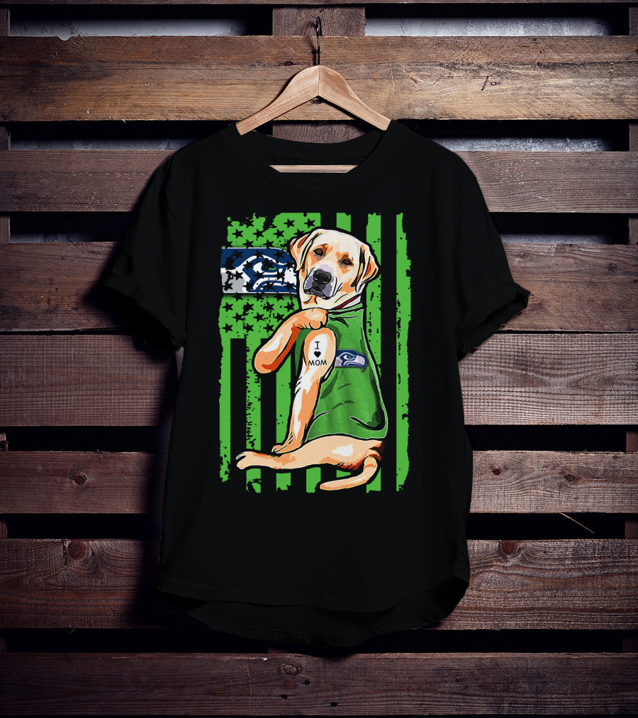 Labrador Retriever Seattle Seahawks Flag I Love Mom Tattoo T-Shirt