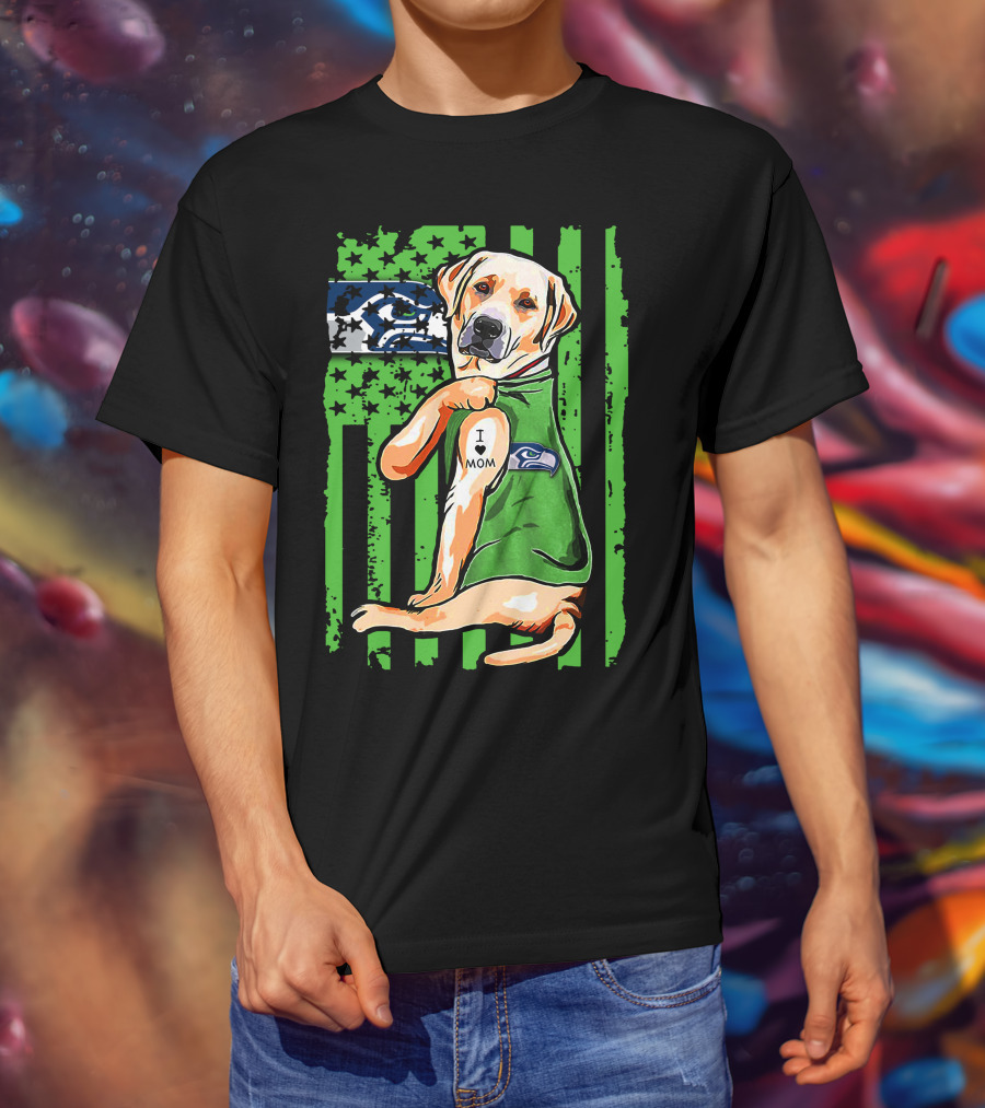 Labrador Retriever Seattle Seahawks Flag I Love Mom Tattoo T-Shirt