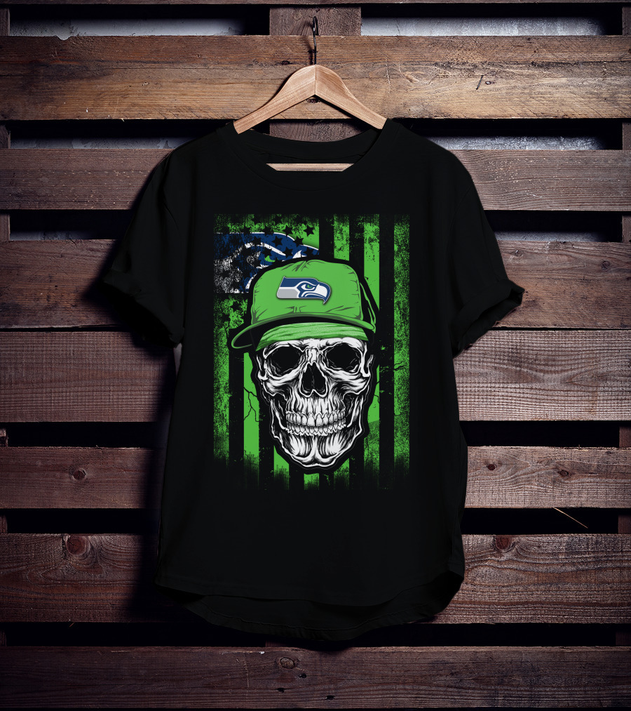 Skull In Seattle Seahawks Cap With Green Stripes And Team T-Shirt