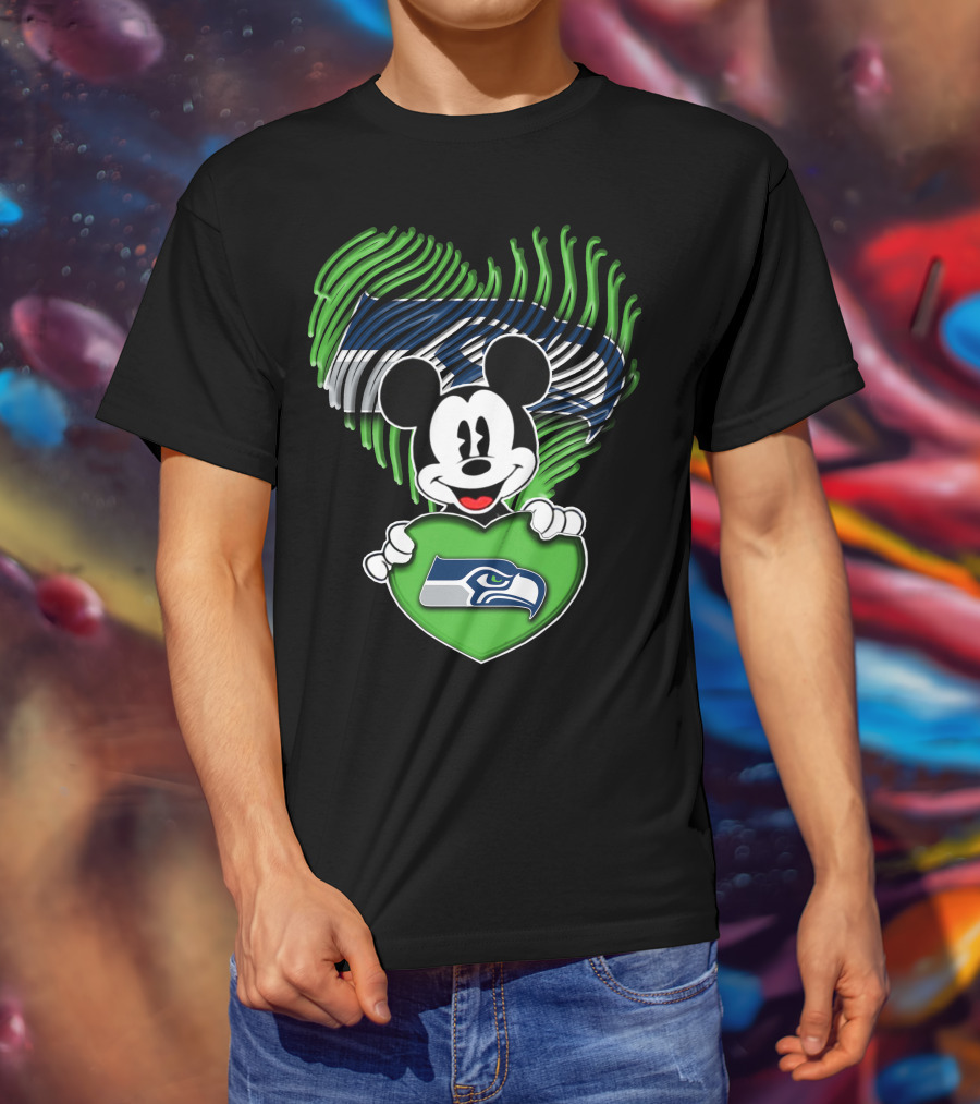 Mickey Mouse Heart Green With Seattle Seahawks T-Shirt