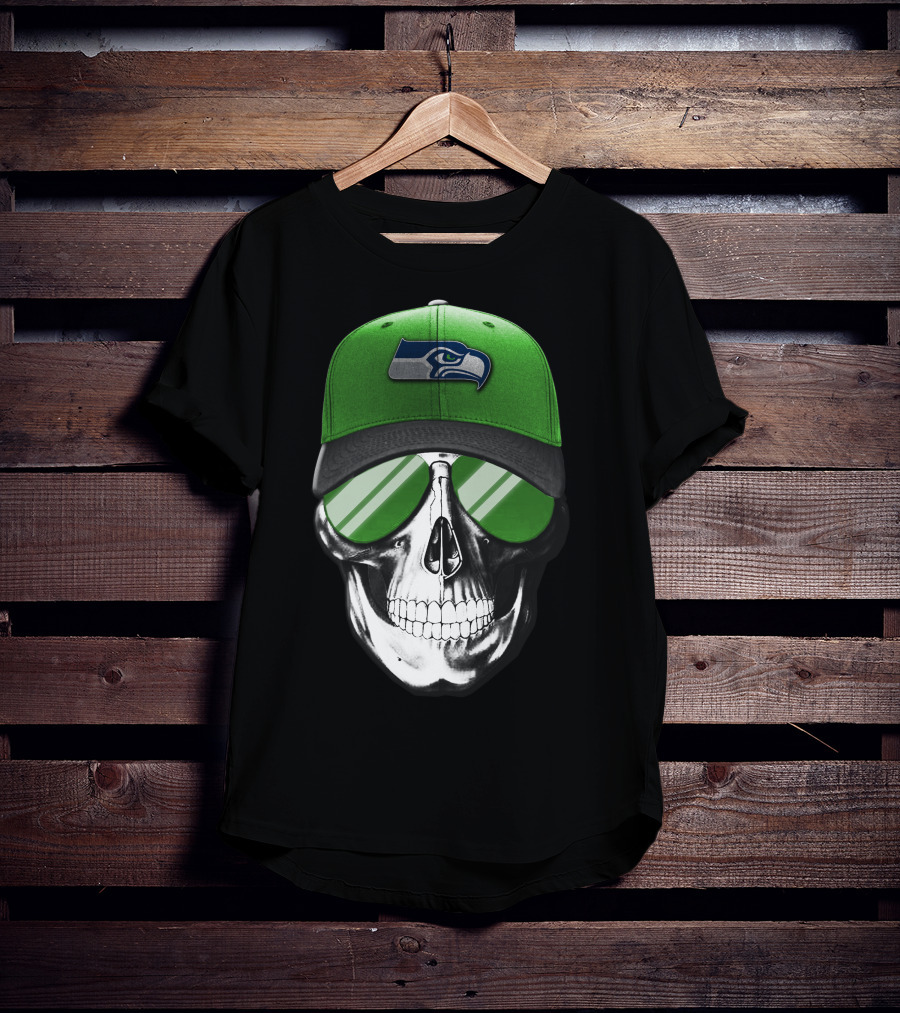 Skull V7 Seattle Seahawks Green Hat And Sunglasses T-Shirt