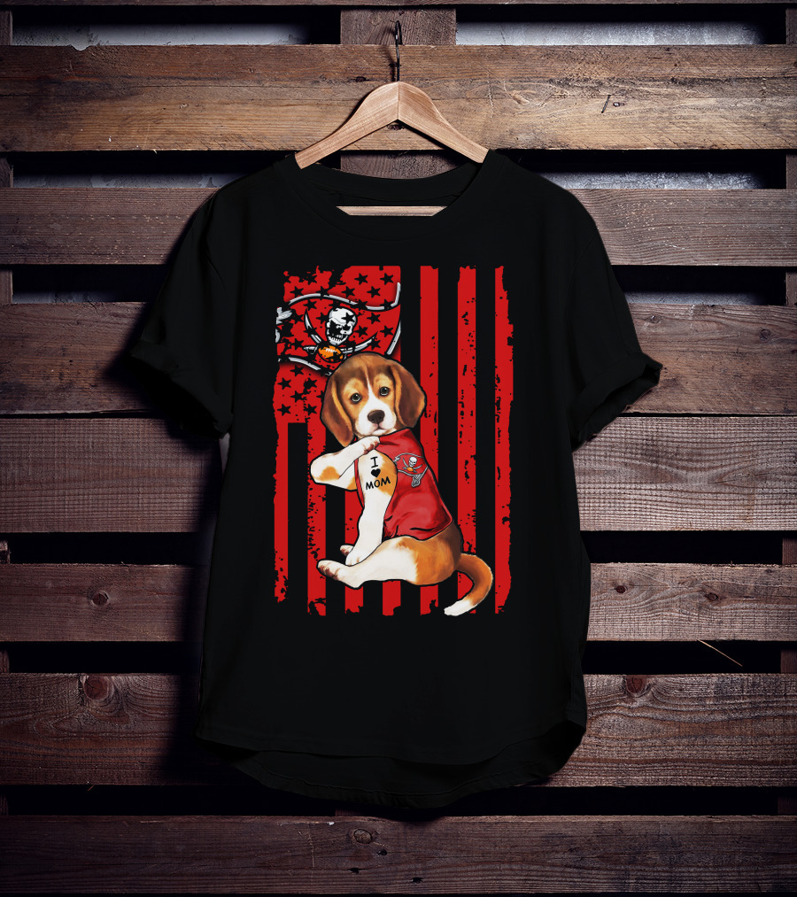 Beagle Puppy Tampa Bay Buccaneers I Love Mom Tattoo Patriotic Flag T-Shirt