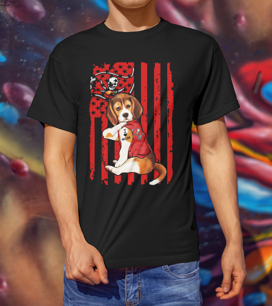 Beagle Puppy Tampa Bay Buccaneers I Love Mom Tattoo Patriotic Flag T-Shirt