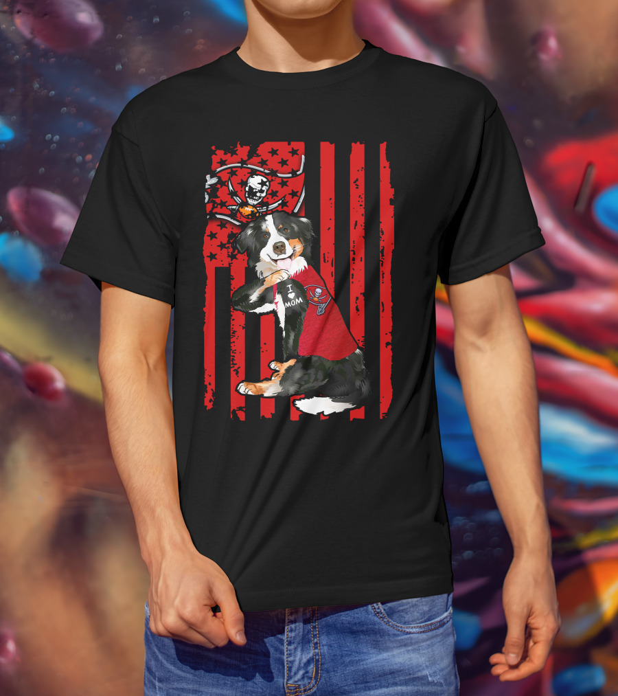 Border Collie In I Love Mom Shirt With Tampa Bay Buccaneers Flag T-Shirt