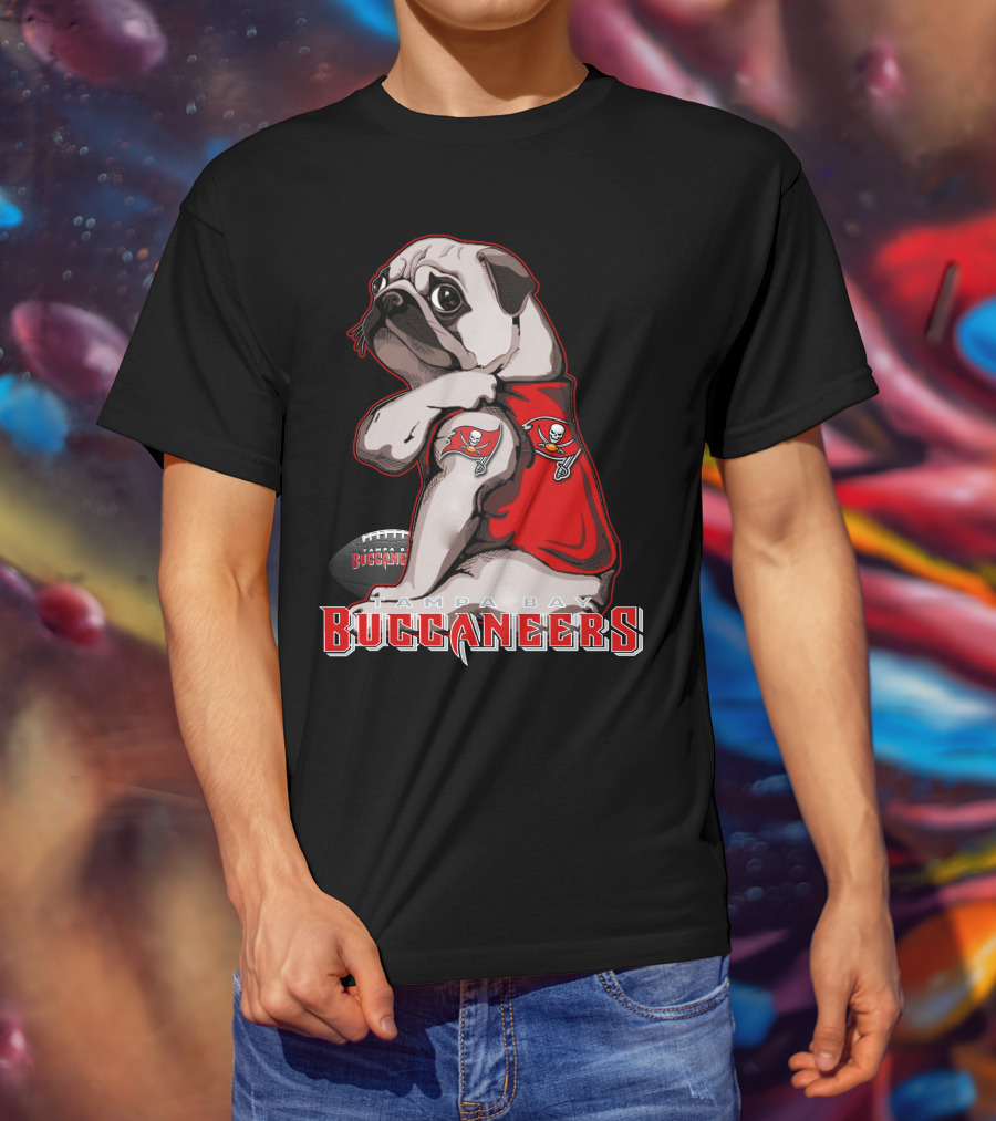 Pug Wearing Tampa Bay Buccaneers Jersey With Football T-Shirt