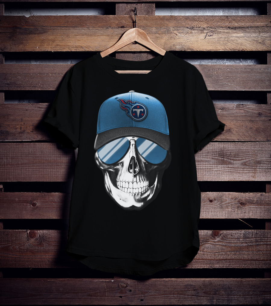 Skull With Tennessee Titans Logo Blue Cap And Sunglasses T-Shirt