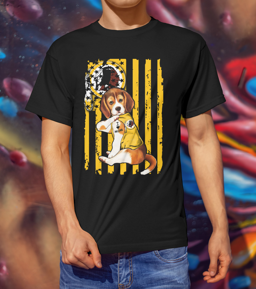 Beagle Washington Redskins I Love Mom Dog Tattoo Football Fan Stripes T-Shirt