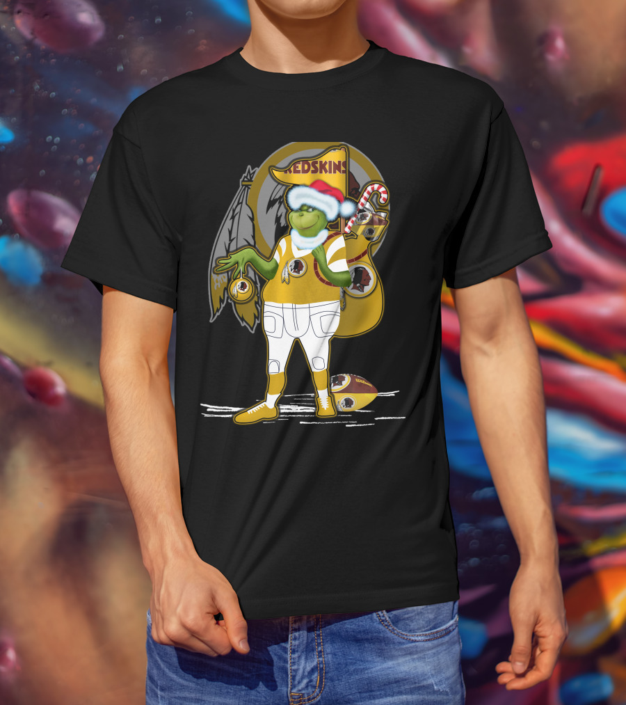 Grinchxmas V1 Washington Redskins Christmas Crossover With Santa Hat And Football Iconography T-Shirt