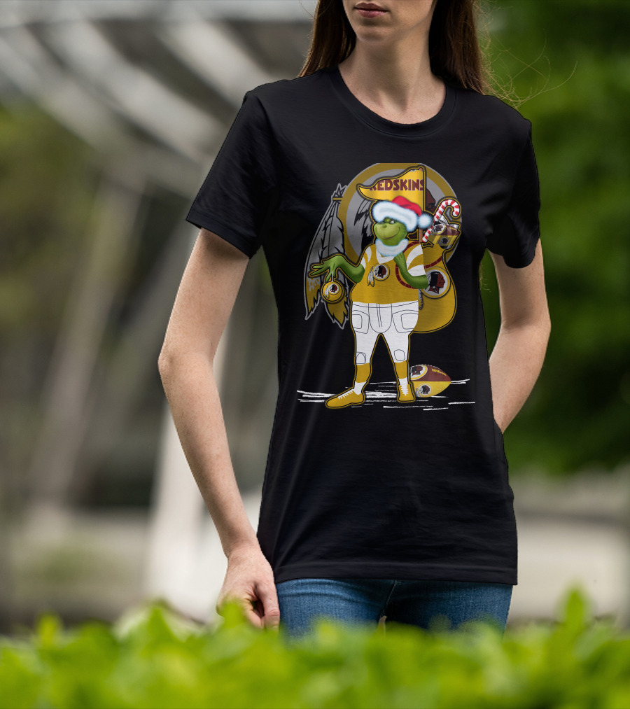 Grinchxmas V1 Washington Redskins Christmas Crossover With Santa Hat And Football Iconography T-Shirt