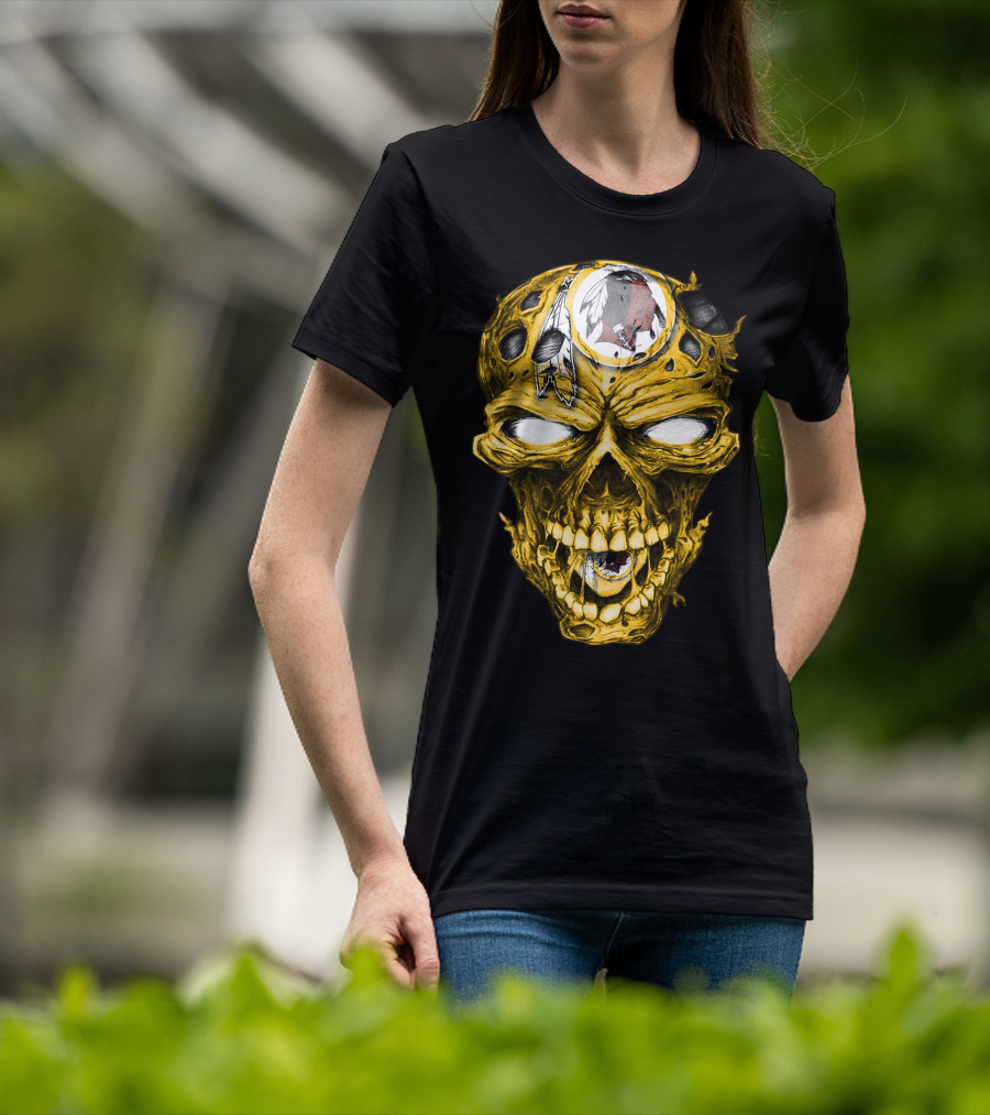 Skull V2 Washington Redskins Logo With Feather Headdress On Yellow Grinning Skull T-Shirt