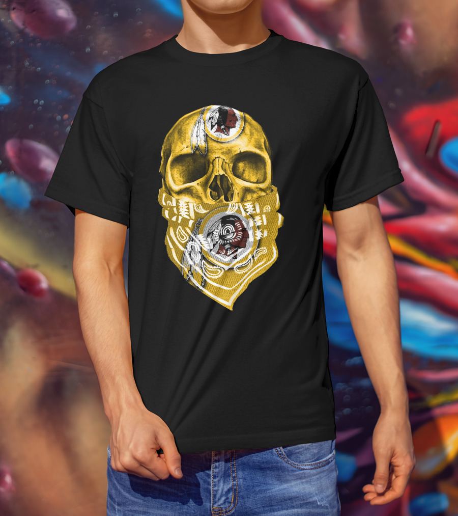 Skull Washington Redskins Logo With Yellow Bandana And Native American Symbolics T-Shirt
