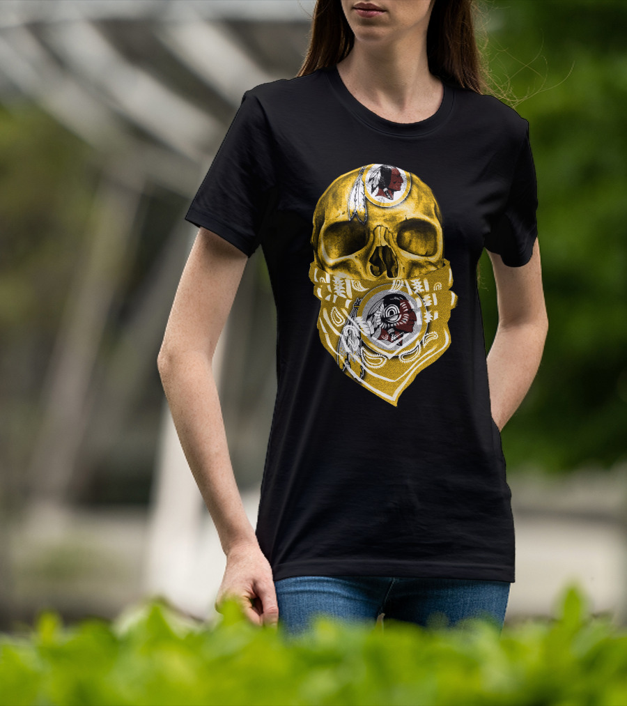 Skull Washington Redskins Logo With Yellow Bandana And Native American Symbolics T-Shirt