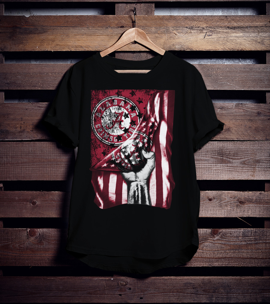 Alabama Crimson Tide Flag With Stars And Stripes Hand Motif T-Shirt