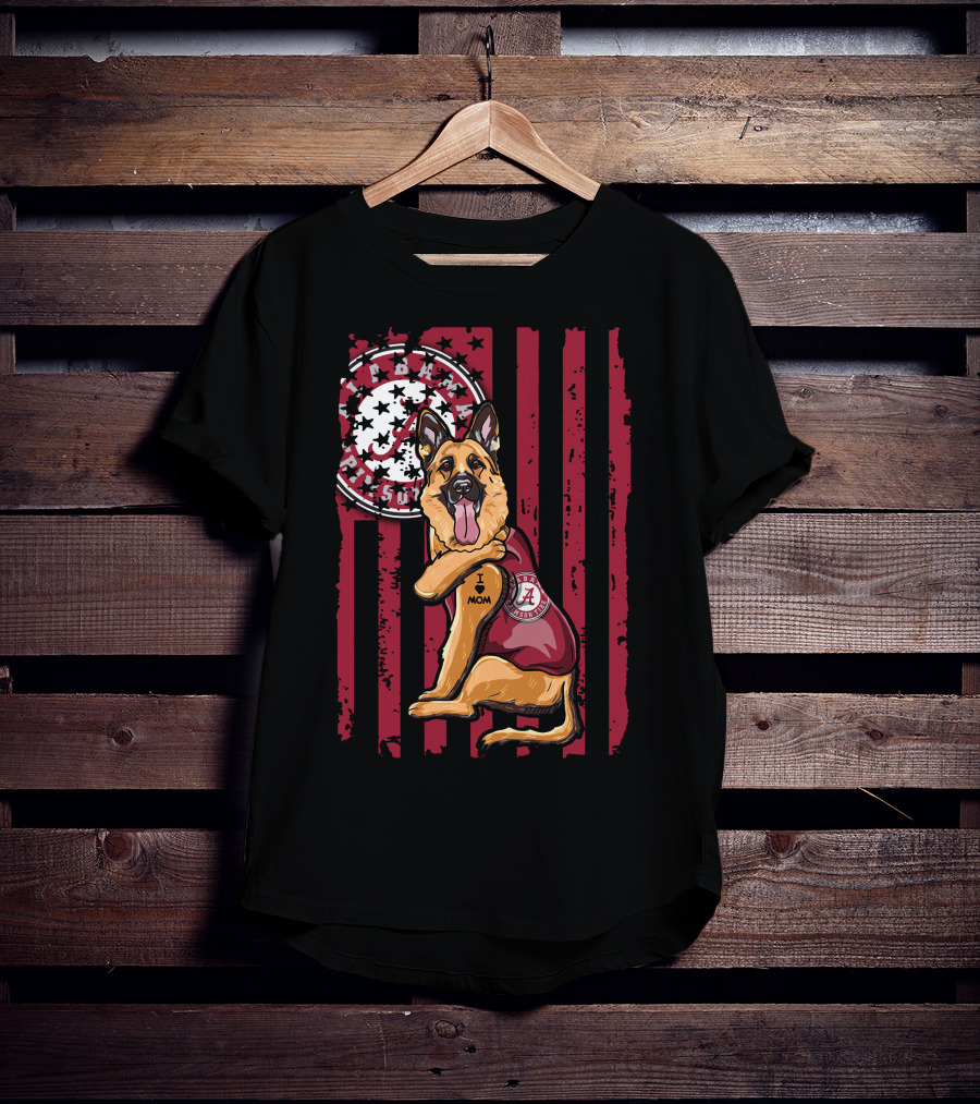 German Shepherd Alabama Crimson Tide Pride With I Love Mom Tattoo T-Shirt