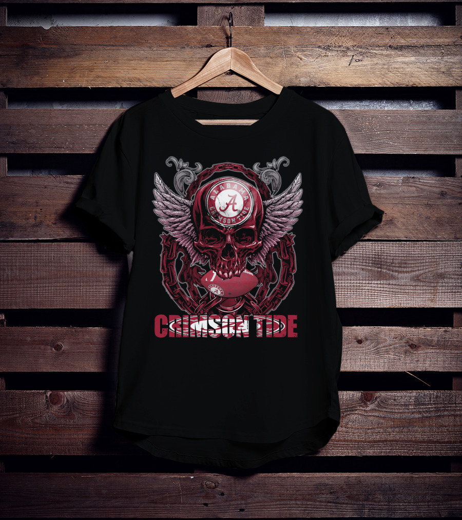 Alabama Crimson Tide Skullfb Winged Skull Football T-Shirt