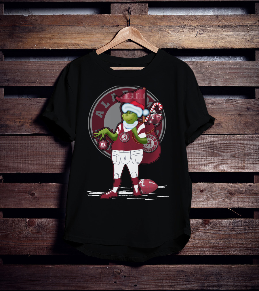 Grinchxmas Alabama Crimson Tide Football Theme With Santa Hat And Candy Cane Bag T-Shirt